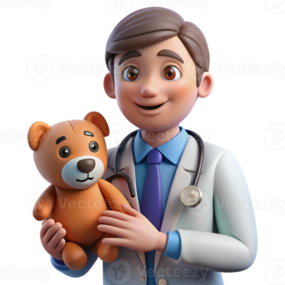 magnificent minimalist Caring veterinarian examining a stuffed animal, genuine png