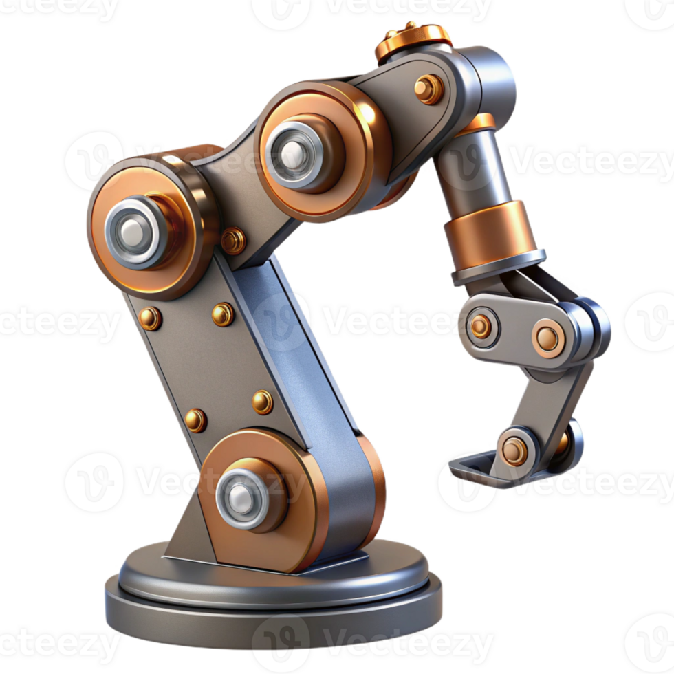 vibrant contemporary Steampunk robotic arm with articulated joints and rivets high resolution png