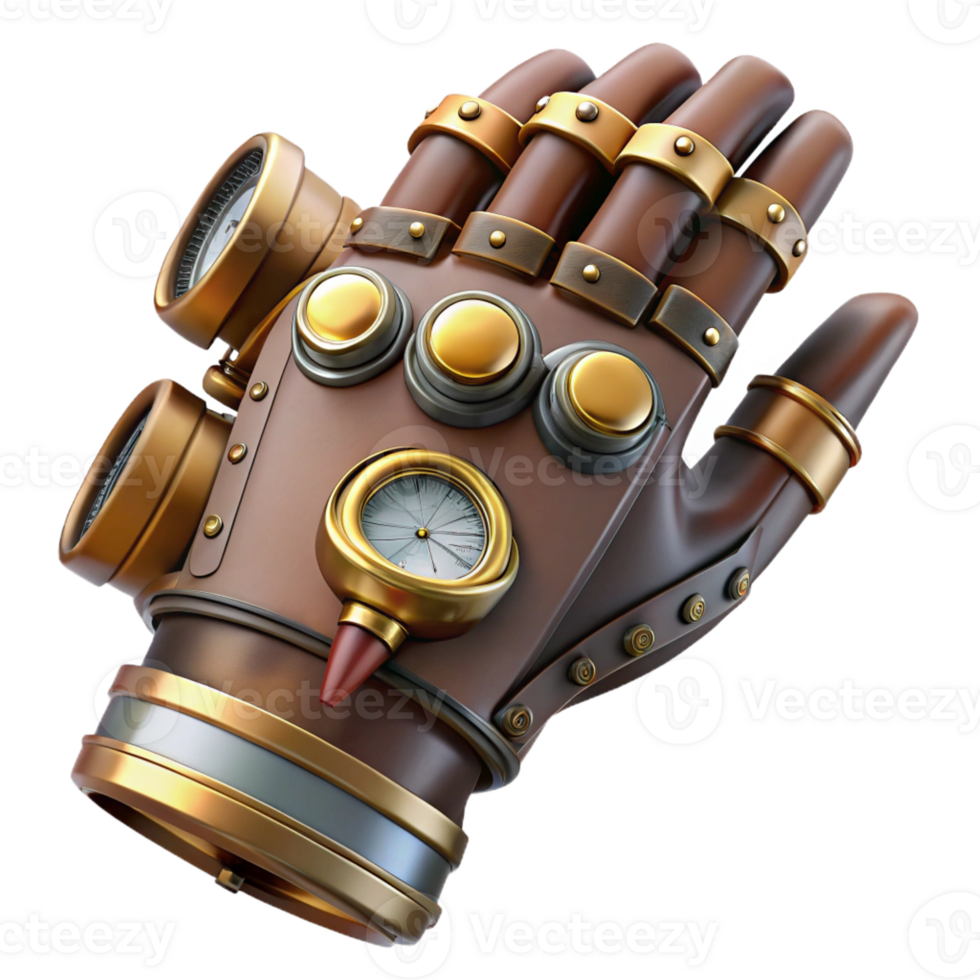 elegant rustic Steampunk gauntlet with articulated fingers and pressure gauges original png