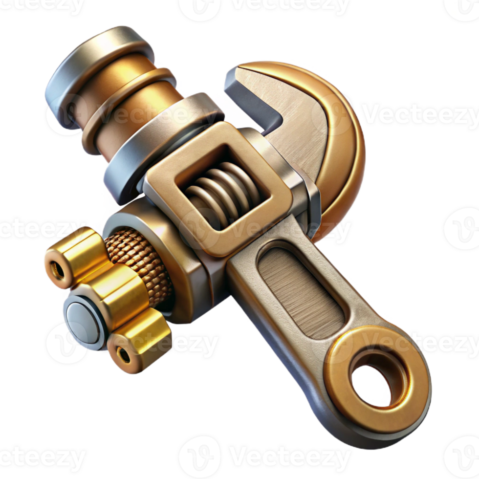 elegant rustic Steampunk wrench with adjustable jaws and brass detailing detailed png