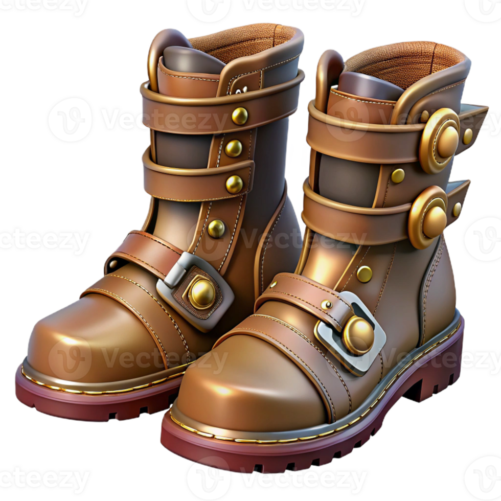 vibrant minimalist Steampunk boots with buckles, straps, and metal plating exclusive png