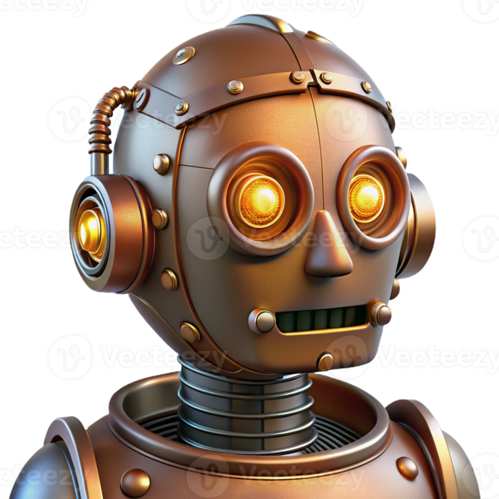 extraordinary vintage Steampunk robot head with glowing LED eyes and exposed wiring original png