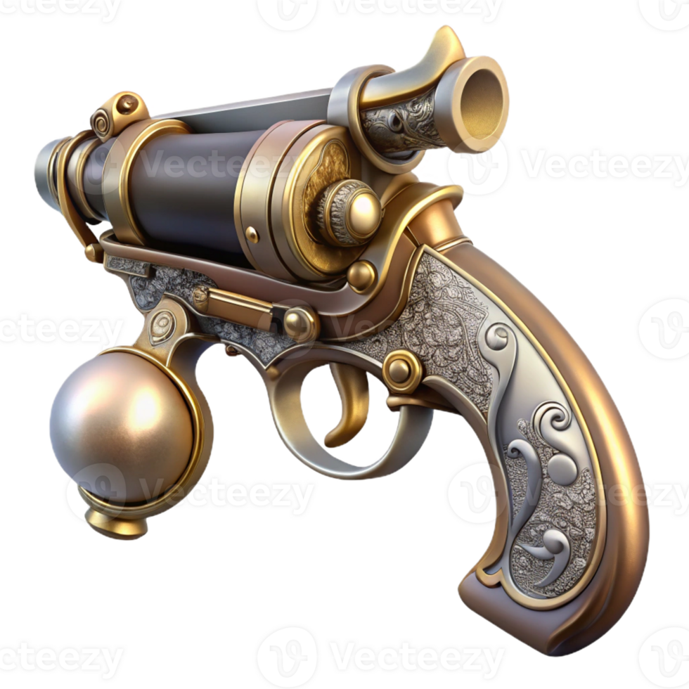 wonderful modern Steampunk pistol with ornate engravings and a pearl handle premium png