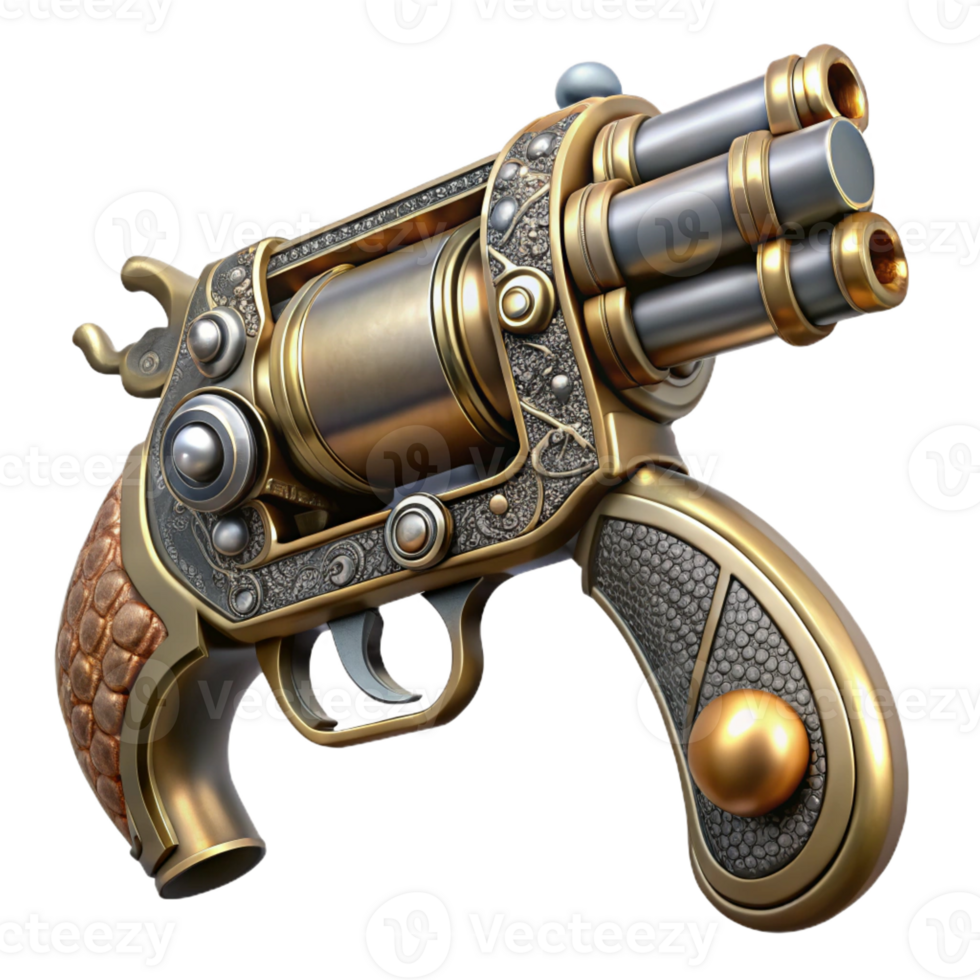 beautiful modern Steampunk pistol with ornate engravings and a pearl handle genuine png
