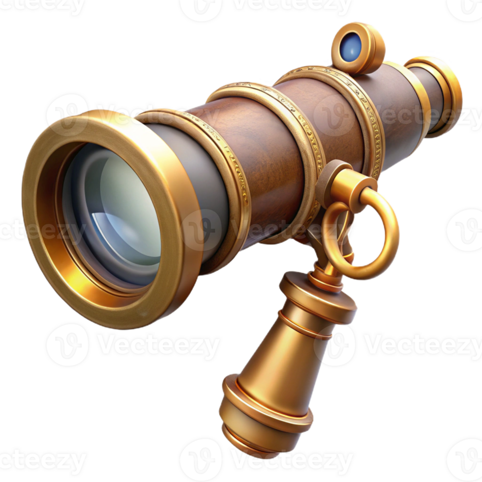 vibrant traditional Steampunk telescope with brass tubing and a magnifying lens 4K png