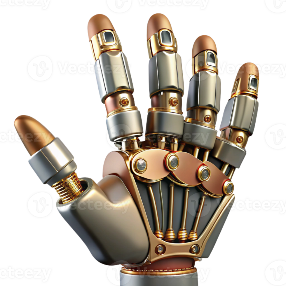 stunning traditional Steampunk robotic hand with articulated fingers and exposed wiring high quality png