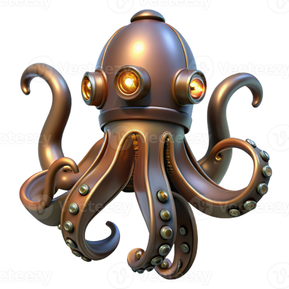 wonderful classic Steampunk octopus with metal tentacles and glowing suction cups original png