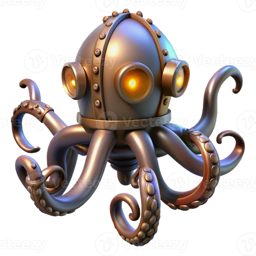 vibrant modern Steampunk octopus with metal tentacles and glowing suction cups genuine png