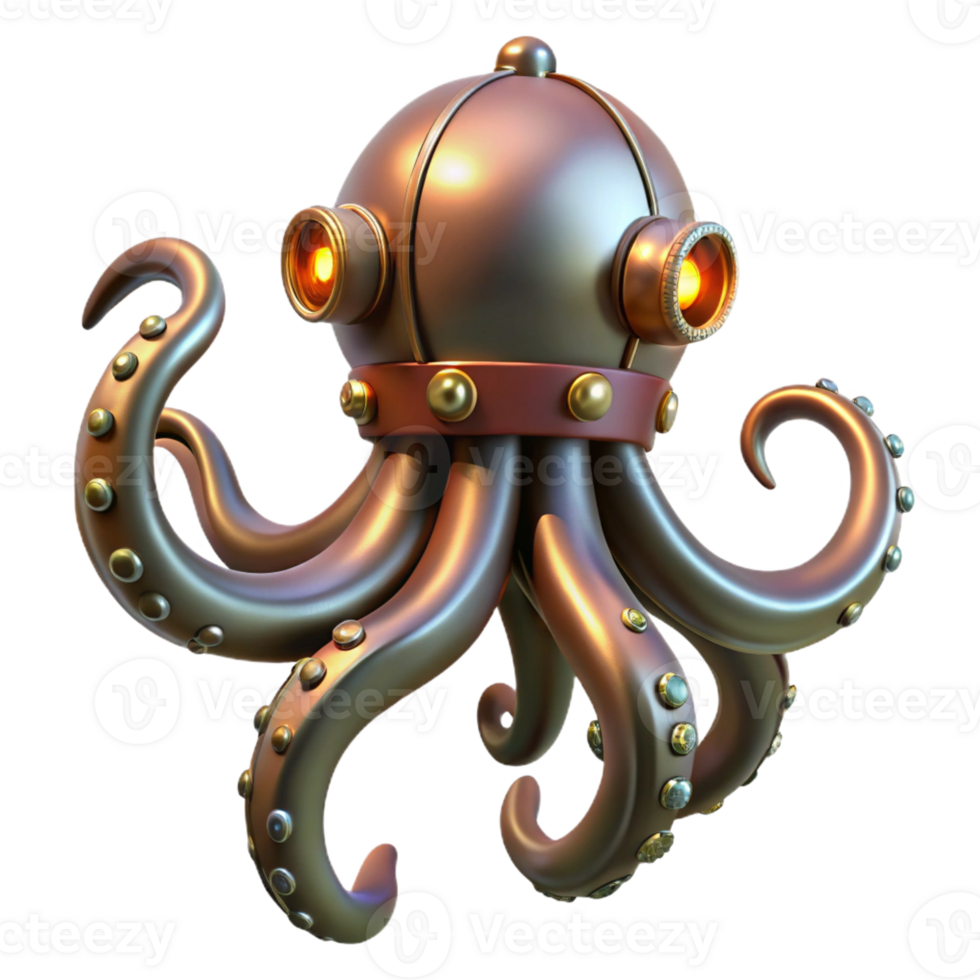magnificent rustic Steampunk octopus with metal tentacles and glowing suction cups high quality png