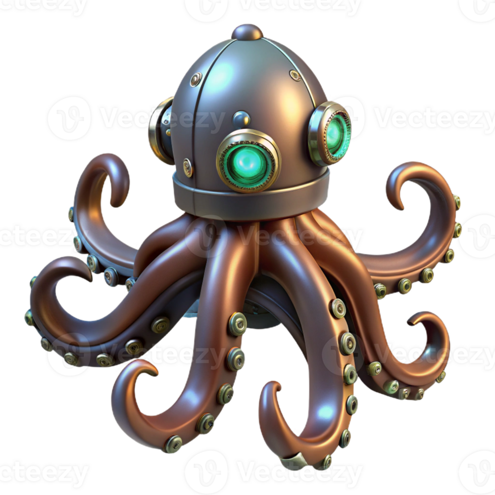 impressive modern Steampunk octopus with metal tentacles and glowing suction cups genuine png