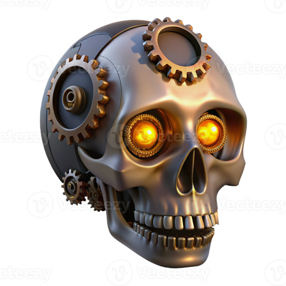 dramatic modern Steampunk skull with intricate gears and glowing eyes authentic png
