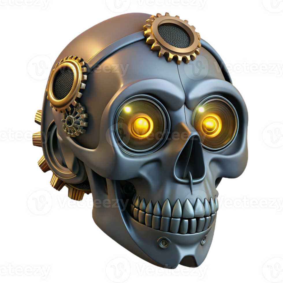 magnificent traditional Steampunk skull with intricate gears and glowing eyes high quality png