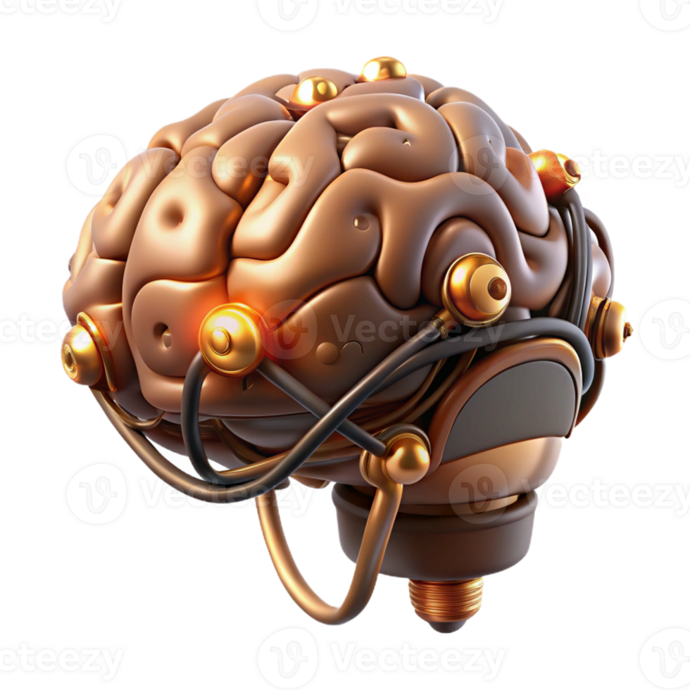 wonderful modern Steampunk brain with exposed wiring and glowing synapses high quality png