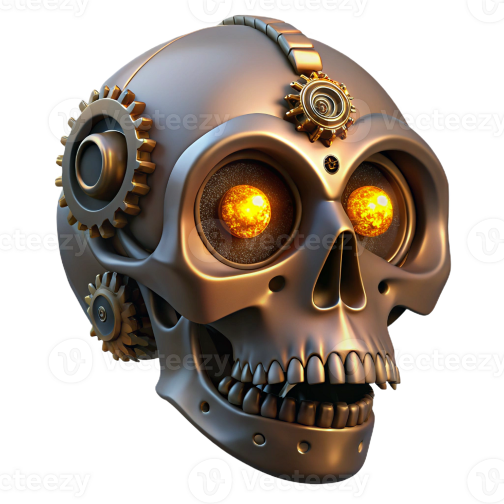 serene artistic Steampunk skull with intricate gears and glowing eyes genuine png