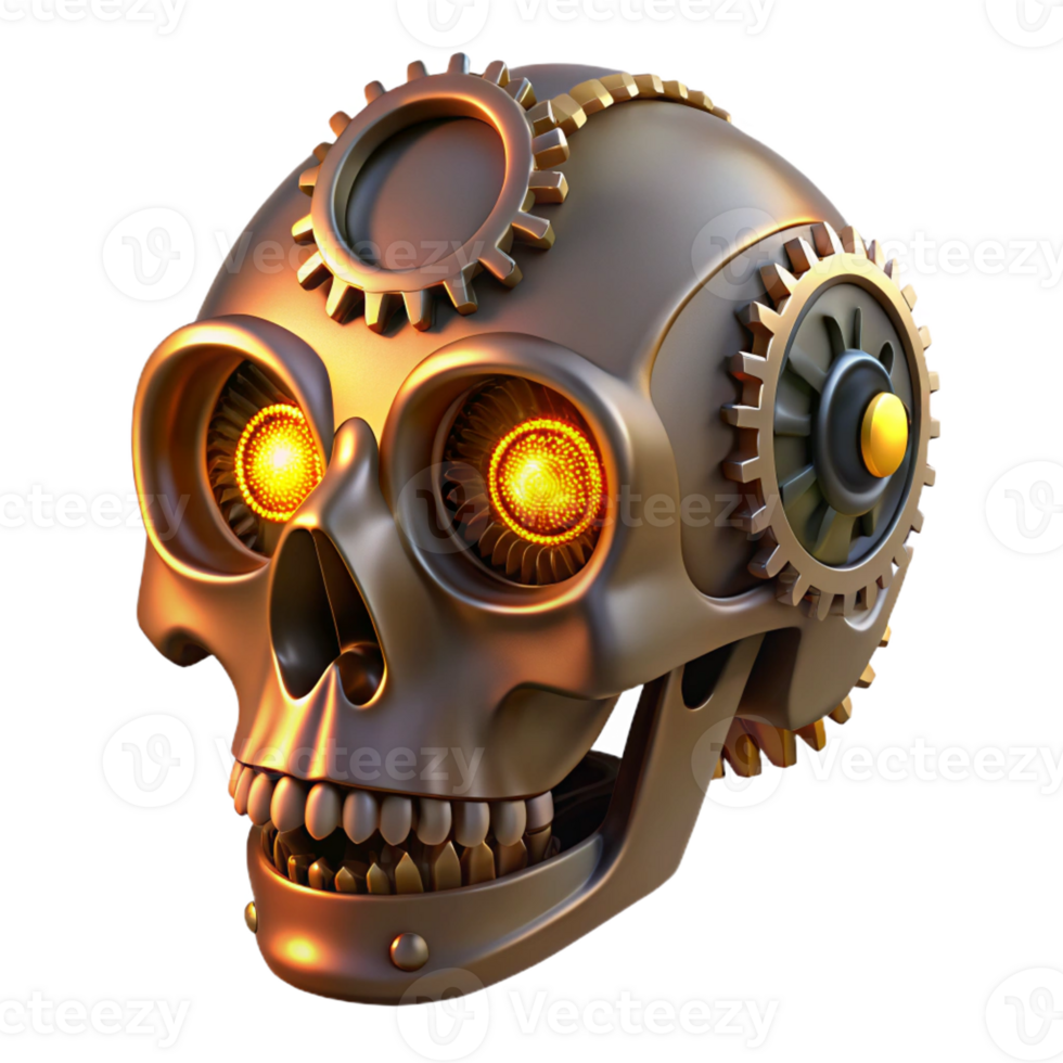 vibrant abstract Steampunk skull with intricate gears and glowing eyes authentic png