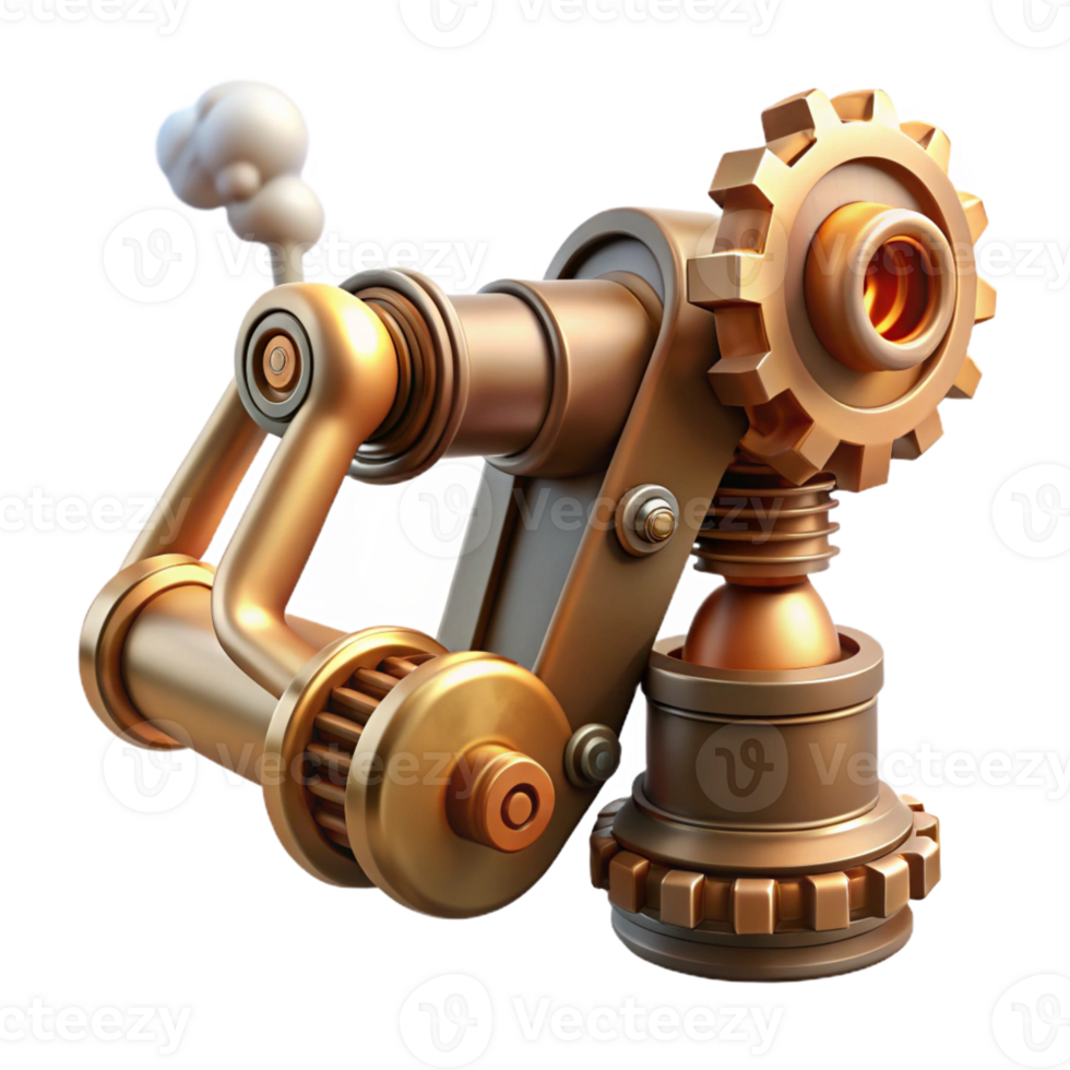 dramatic creative Steampunk robotic arm with exposed gears and steam vents authentic png