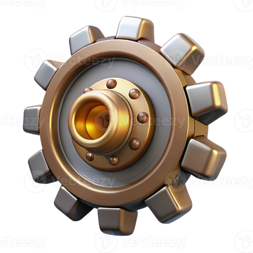 elegant modern Steampunk gear with intricate teeth and a central brass hub 4K png
