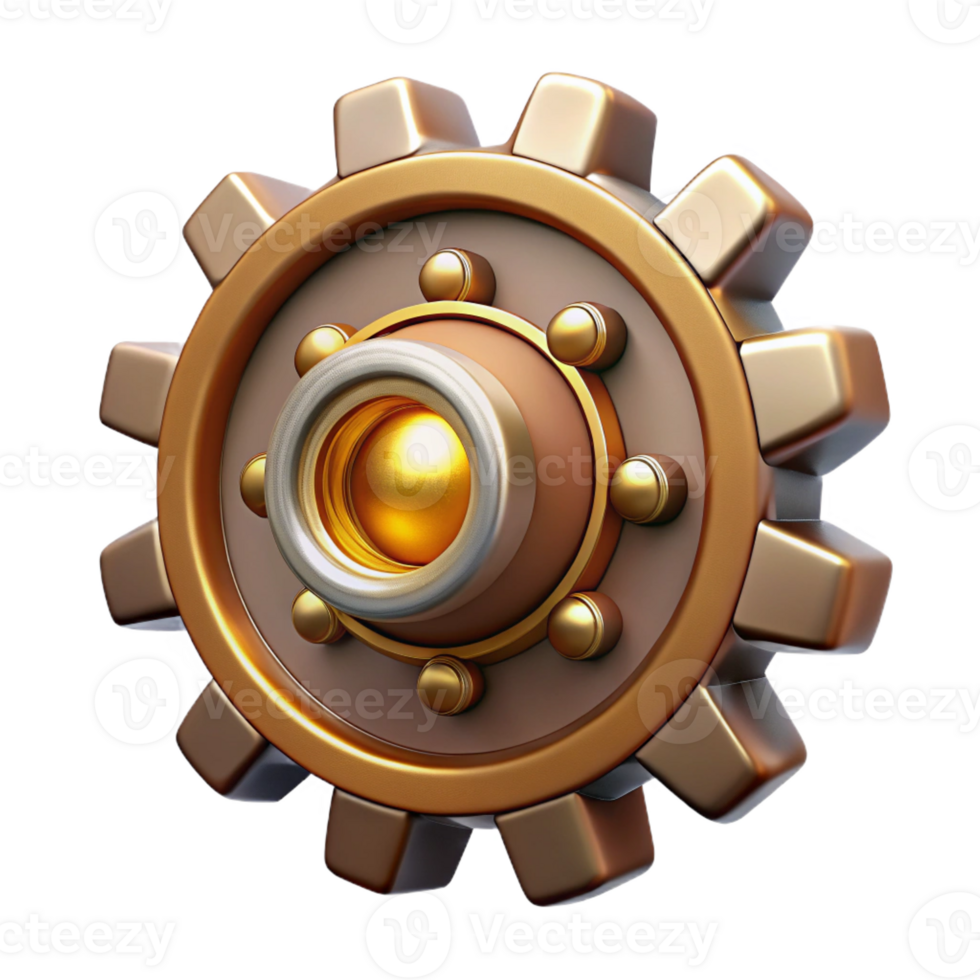 extraordinary minimalist Steampunk gear with intricate teeth and a central brass hub high quality png