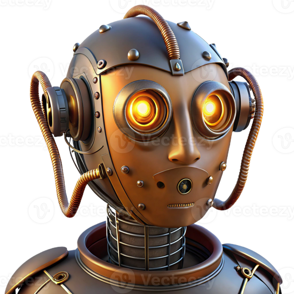 vibrant artistic Steampunk robot head with exposed wires and glowing eyes premium png