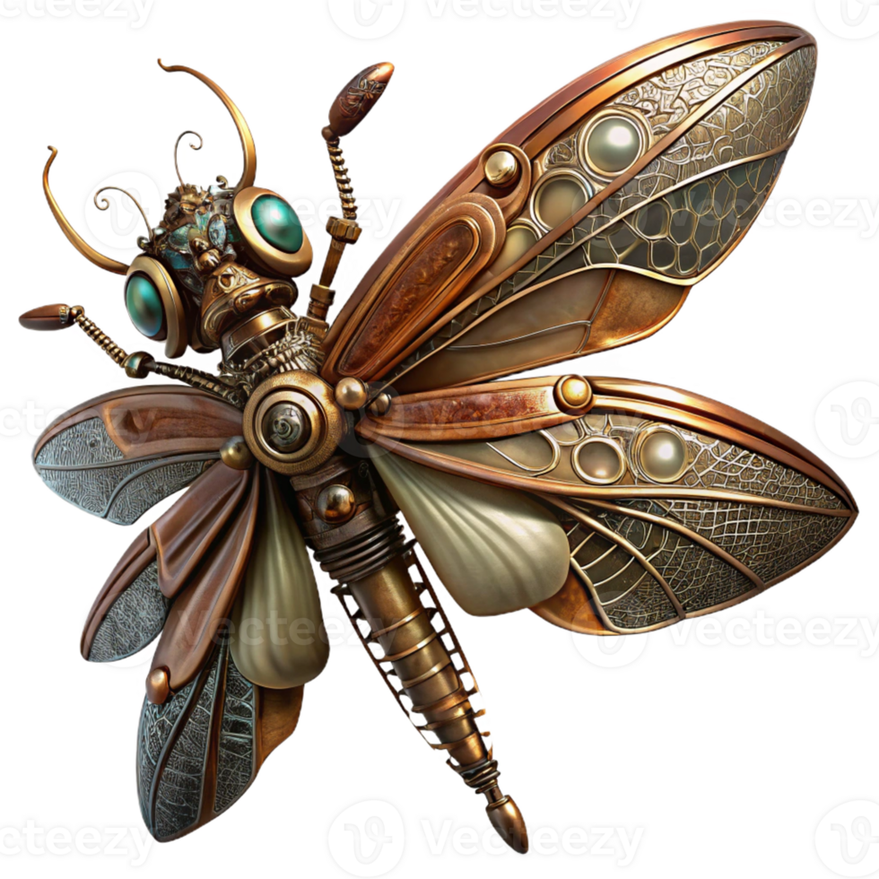 elegant contemporary Steampunk dragonfly with intricate metal wings and gears professional png