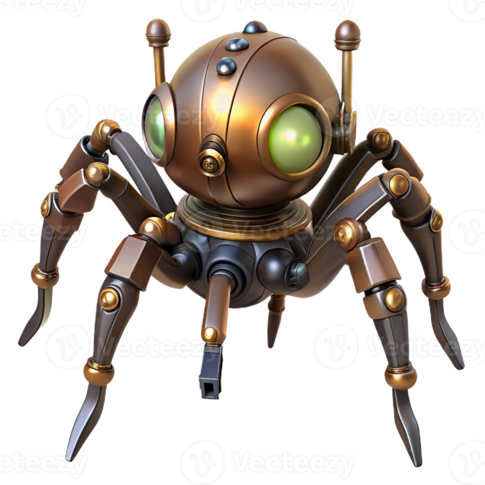 vibrant contemporary Steampunk clockwork spider with articulated legs and glowing eyes original png