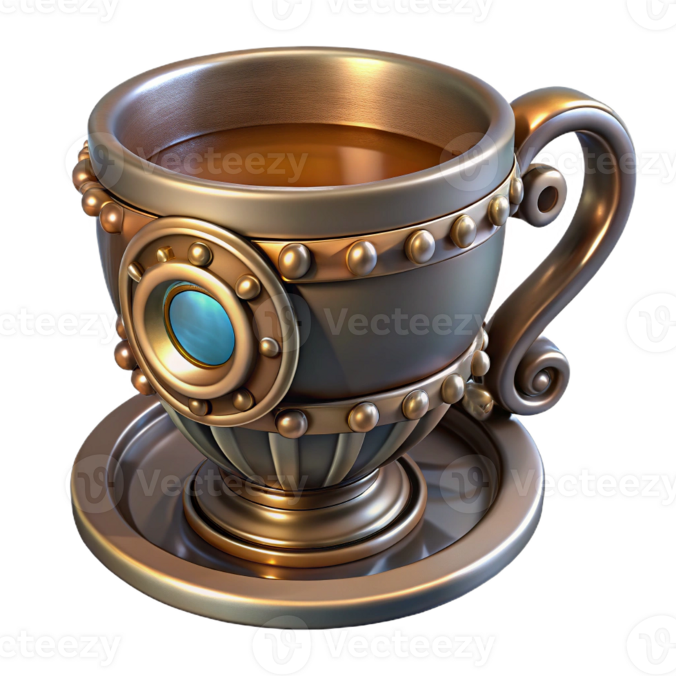 serene contemporary Steampunk teacup with intricate metalwork and a porcelain insert genuine png