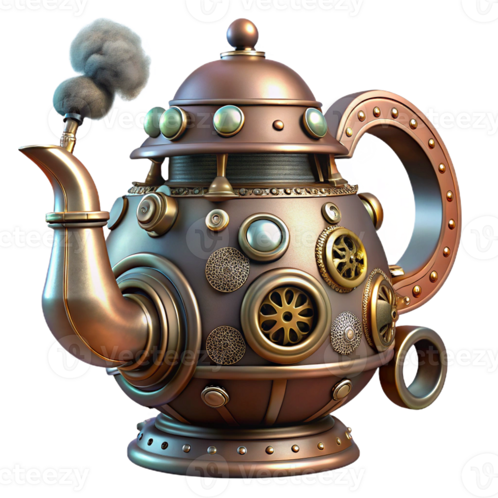dramatic rustic Steampunk teapot with intricate metalwork and a steam vent original png