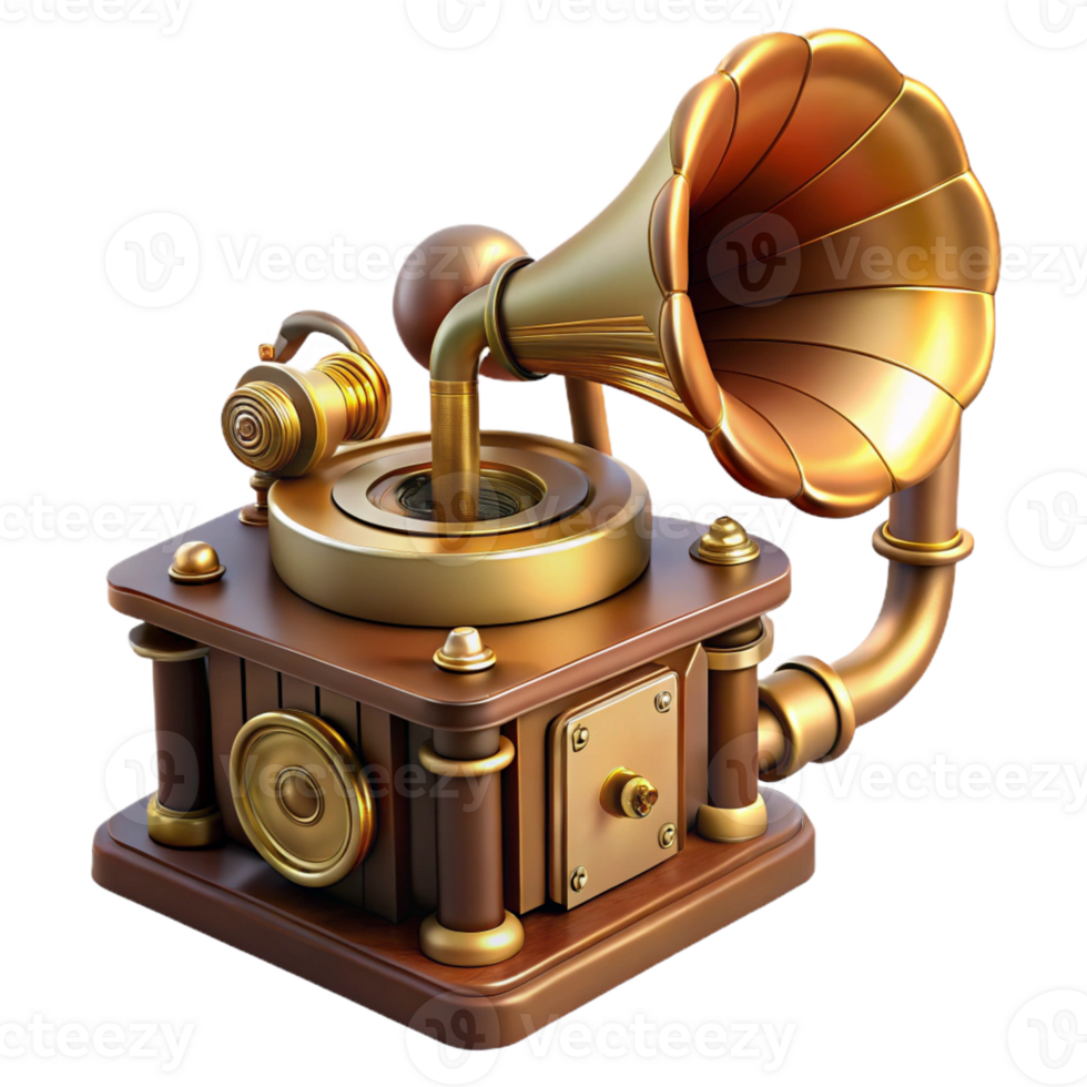 elegant abstract Steampunk phonograph with a brass horn and a rotating turntable premium png