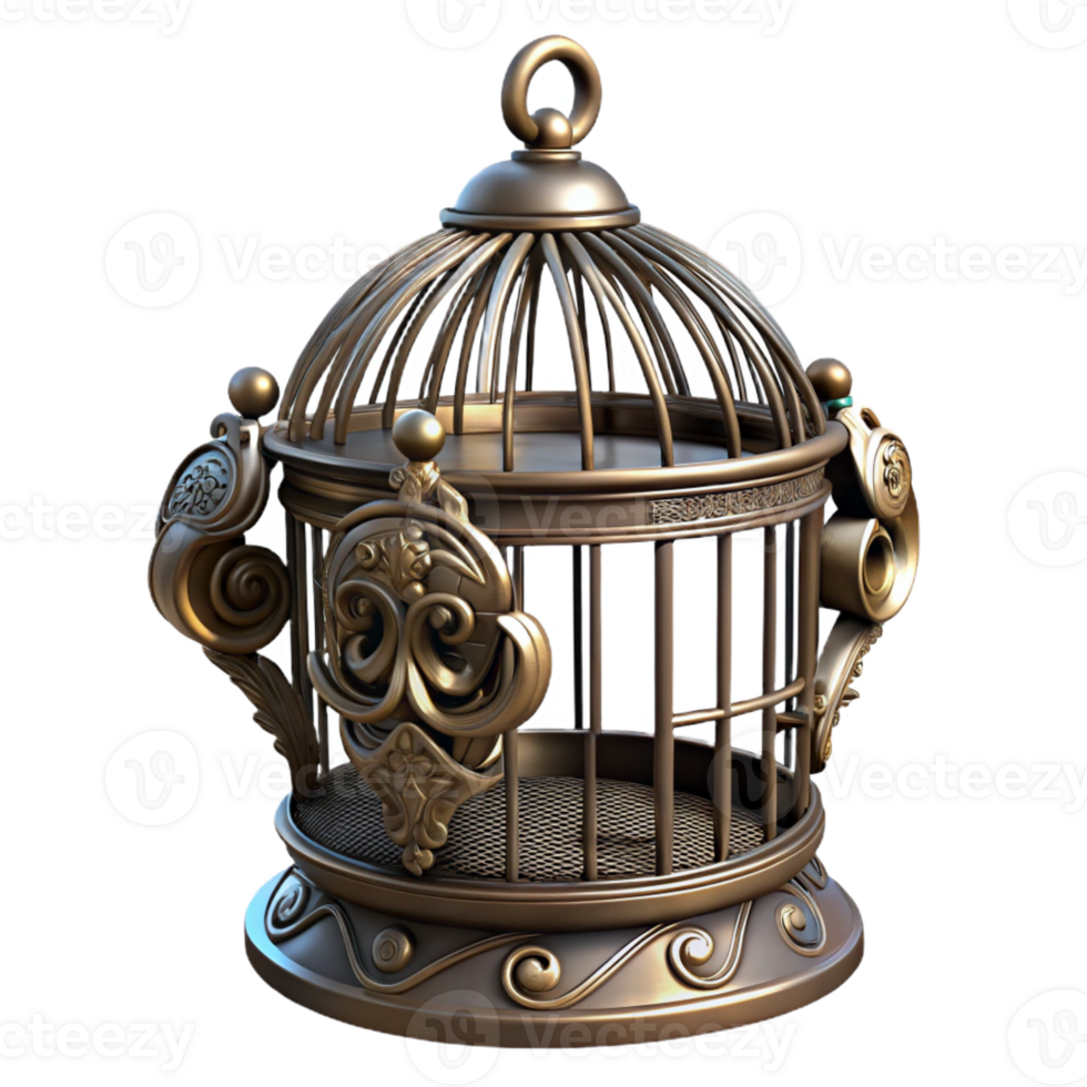 vibrant creative Steampunk birdcage with ornate metalwork and a perch high resolution png