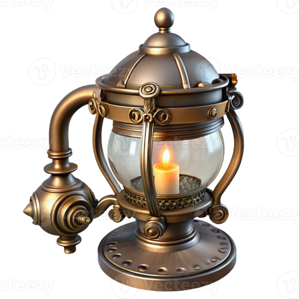 impressive creative Steampunk candle holder with intricate metalwork and a glass shade 4K png
