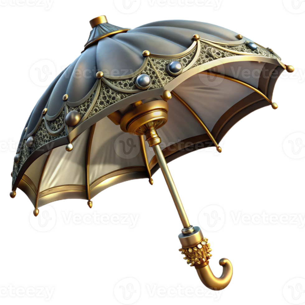 impressive creative Steampunk umbrella with intricate metalwork and a silk canopy high quality png