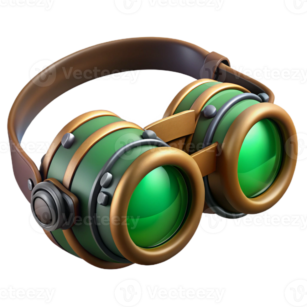 serene modern Steampunk goggles with green tinted lenses and leather straps 4K png
