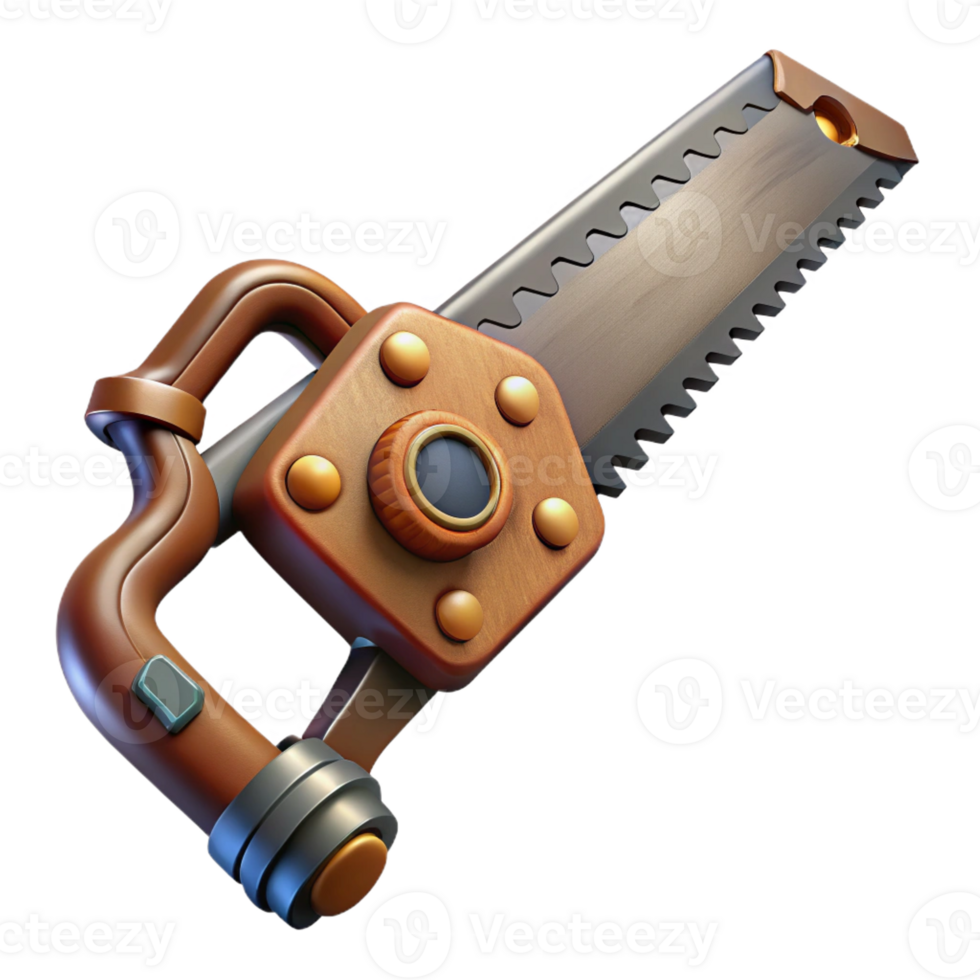 vibrant contemporary Steampunk saw with intricate teeth and a wooden handle detailed png