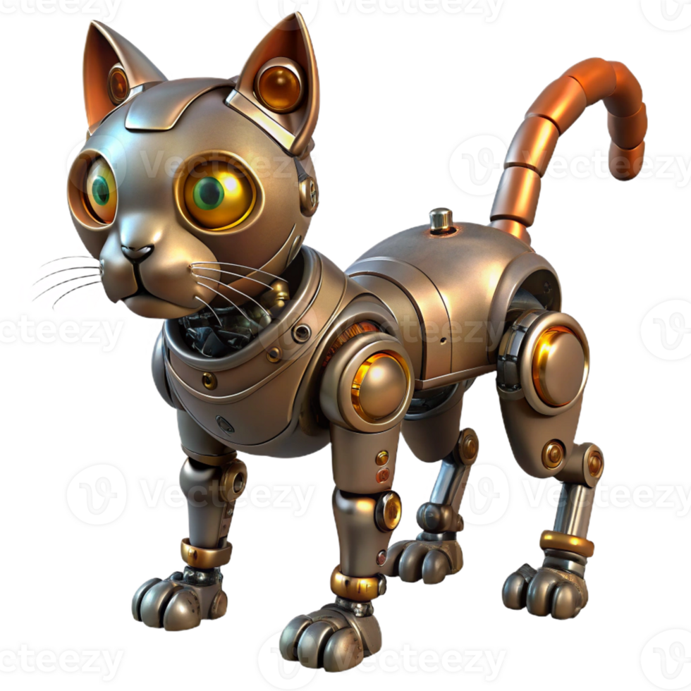 wonderful artistic Steampunk robot cat with articulated legs and glowing eyes professional png