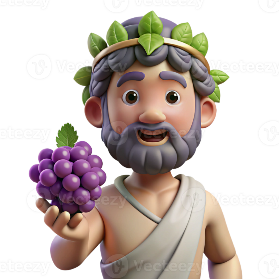 impressive contemporary Dionysus, God of Wine, holding grapes, detailed png