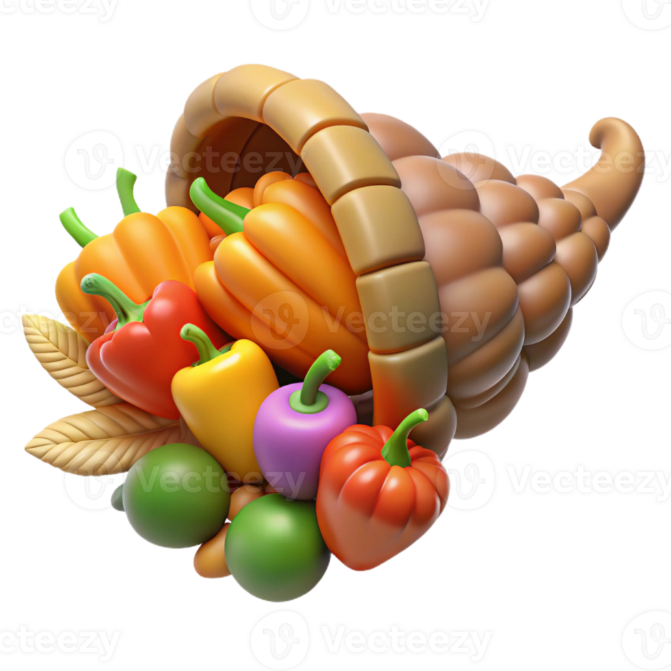 impressive vintage Cornucopia, horn of plenty, overflowing with fruits and vegetables, professional png