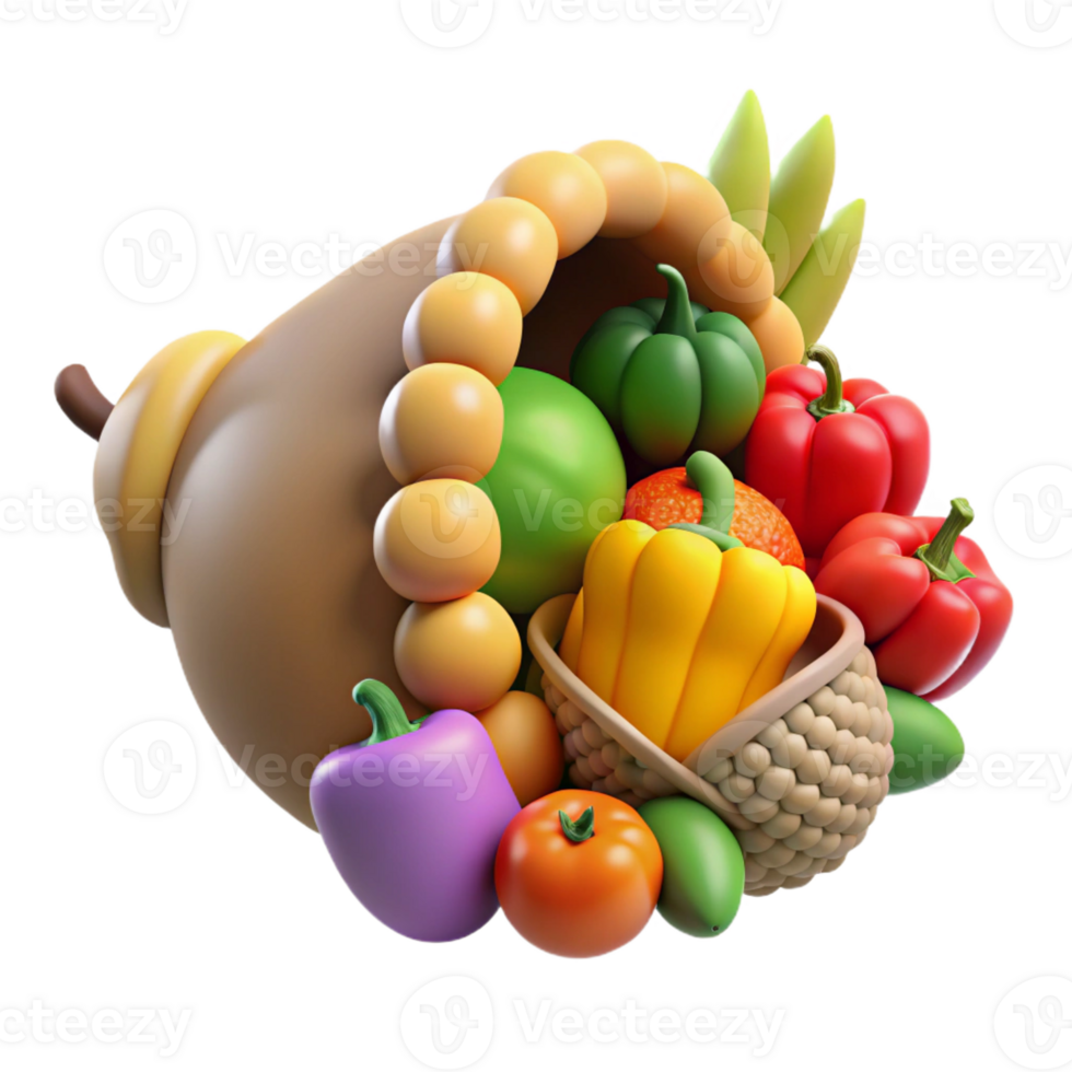 beautiful traditional Cornucopia, horn of plenty, overflowing with fruits and vegetables, premium png