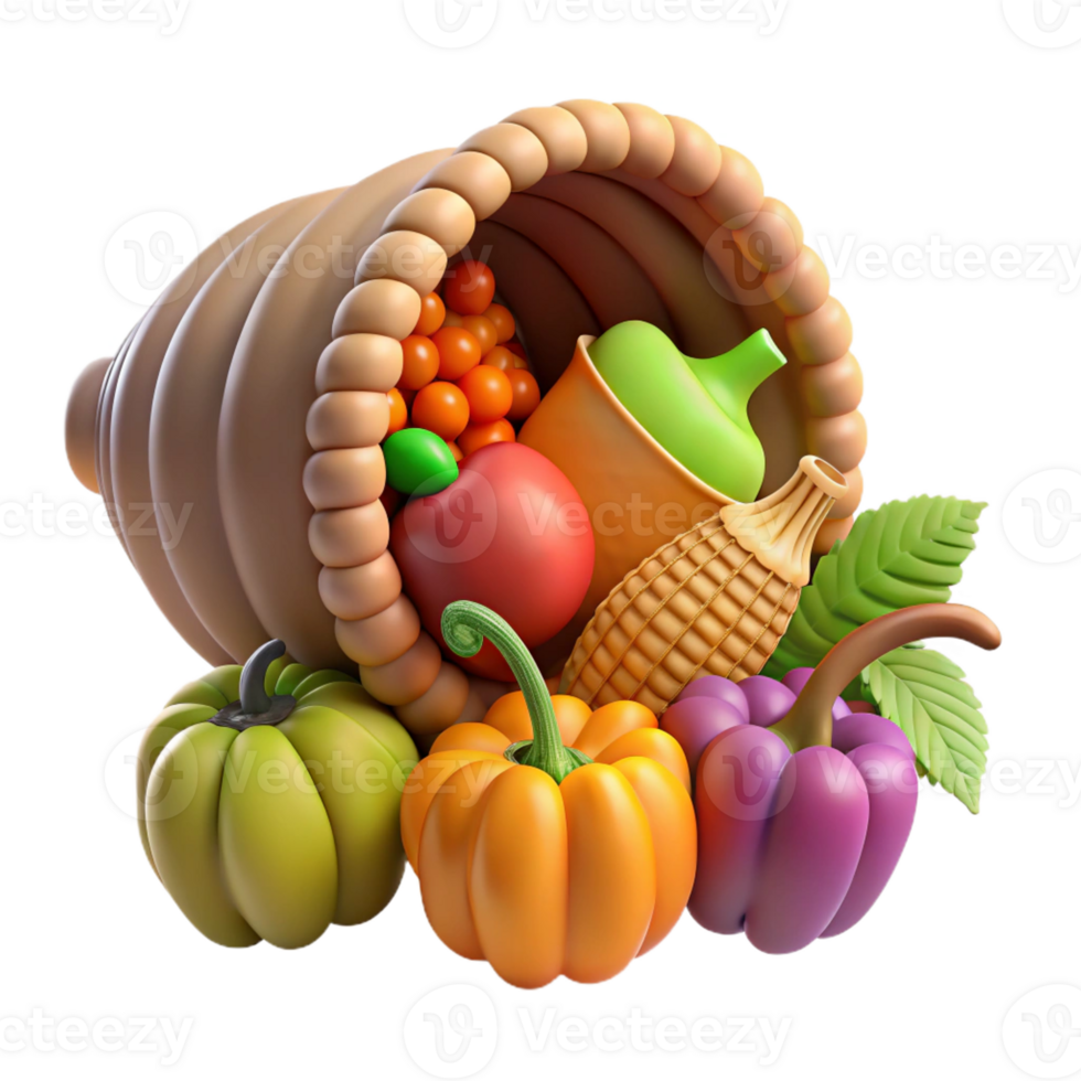 impressive artistic Cornucopia, horn of plenty, overflowing with fruits and vegetables, 4K png