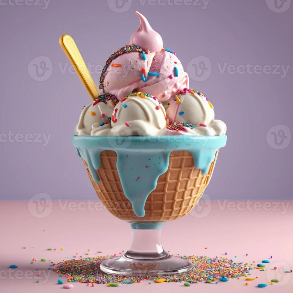 Delicious Ice Cream Sundae with Sprinkles and Waffle Cone Bowl photo