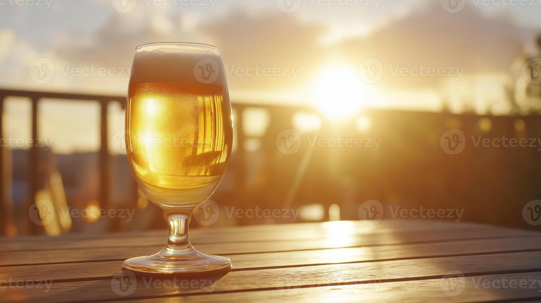 Glass of light beer on a wooden table at sunset, summer refreshment photo