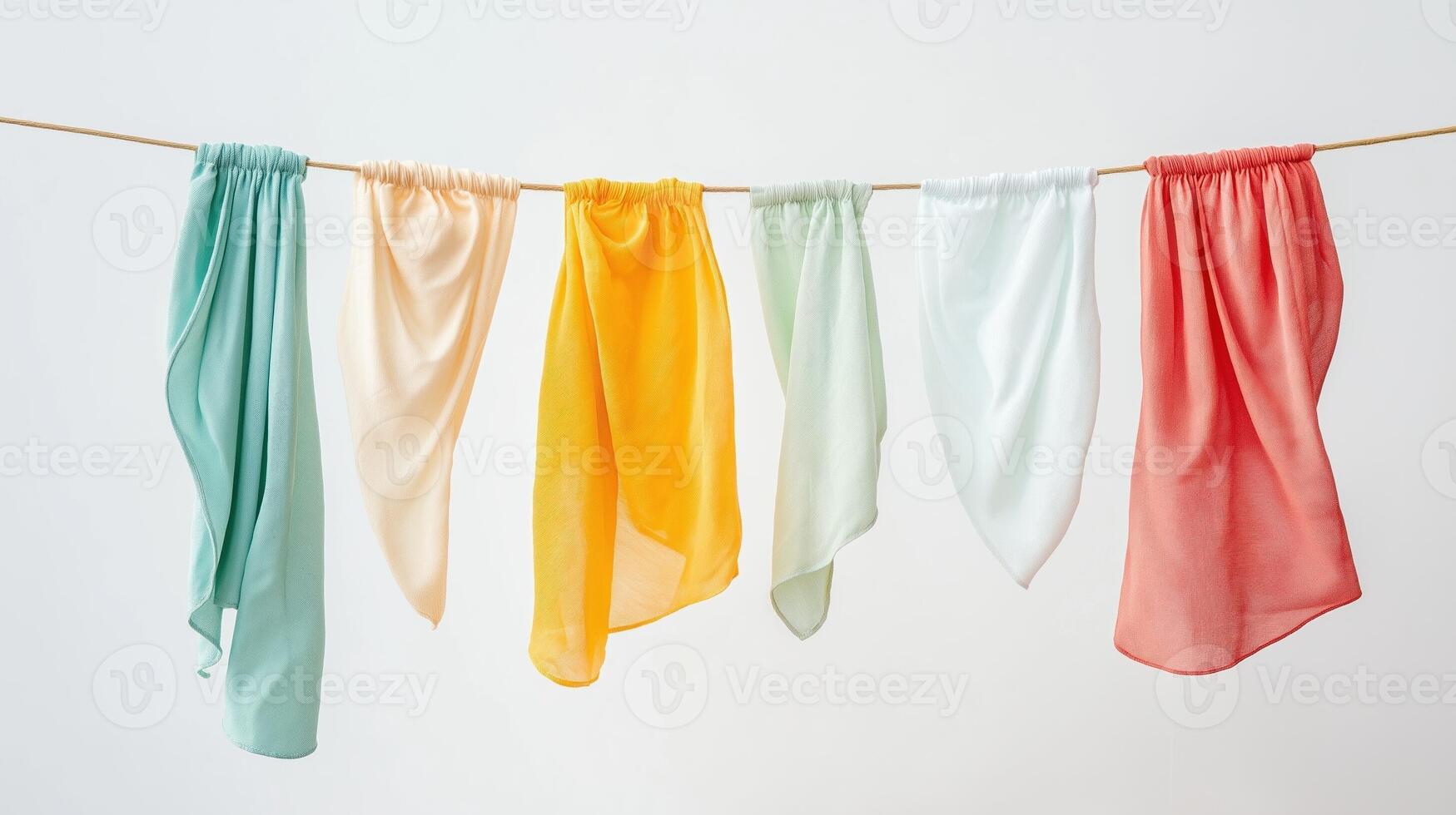 Colorful scarves hanging on clothesline to dry photo