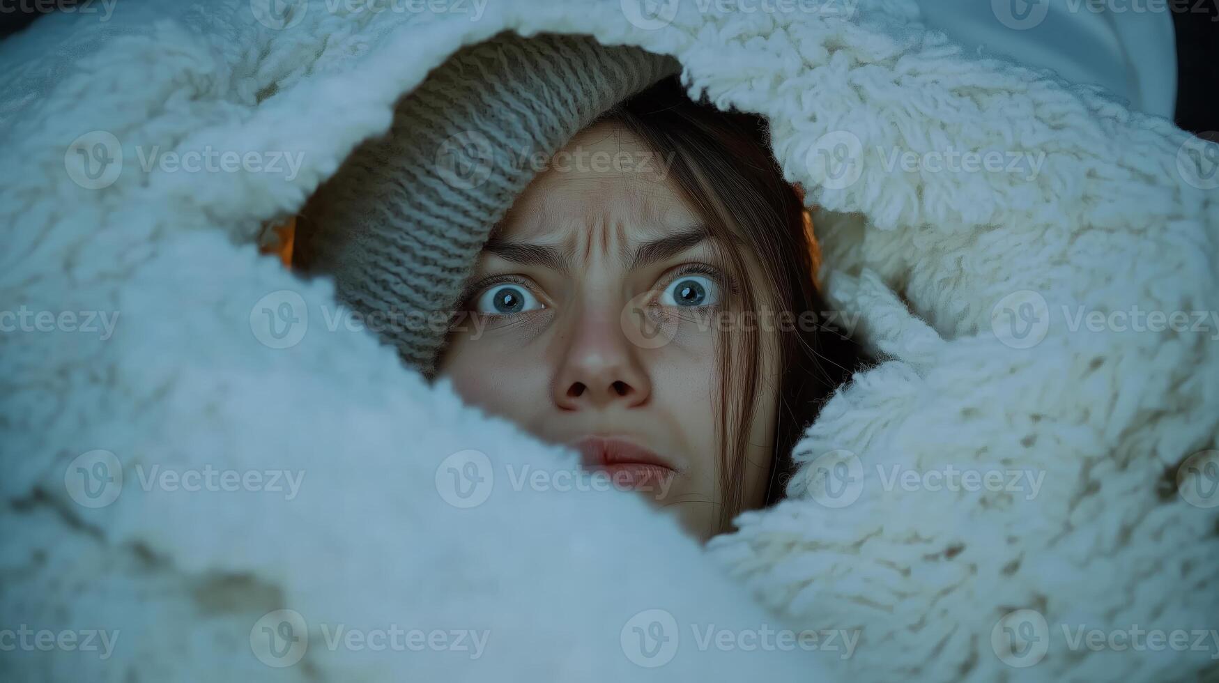 Woman wrapped in a thick blanket, suffering from high fever and chills photo