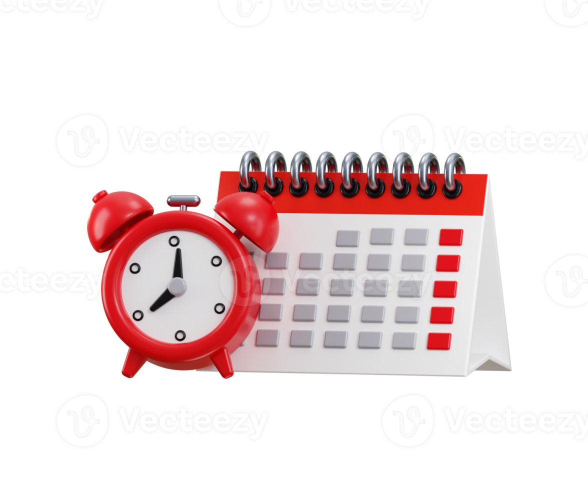 Paper spiral wall calendar and alarm clocks icon 3d render concept of Calendar and alarm clocks on Schedule, appointment, organizer, timesheet, time management, important date png