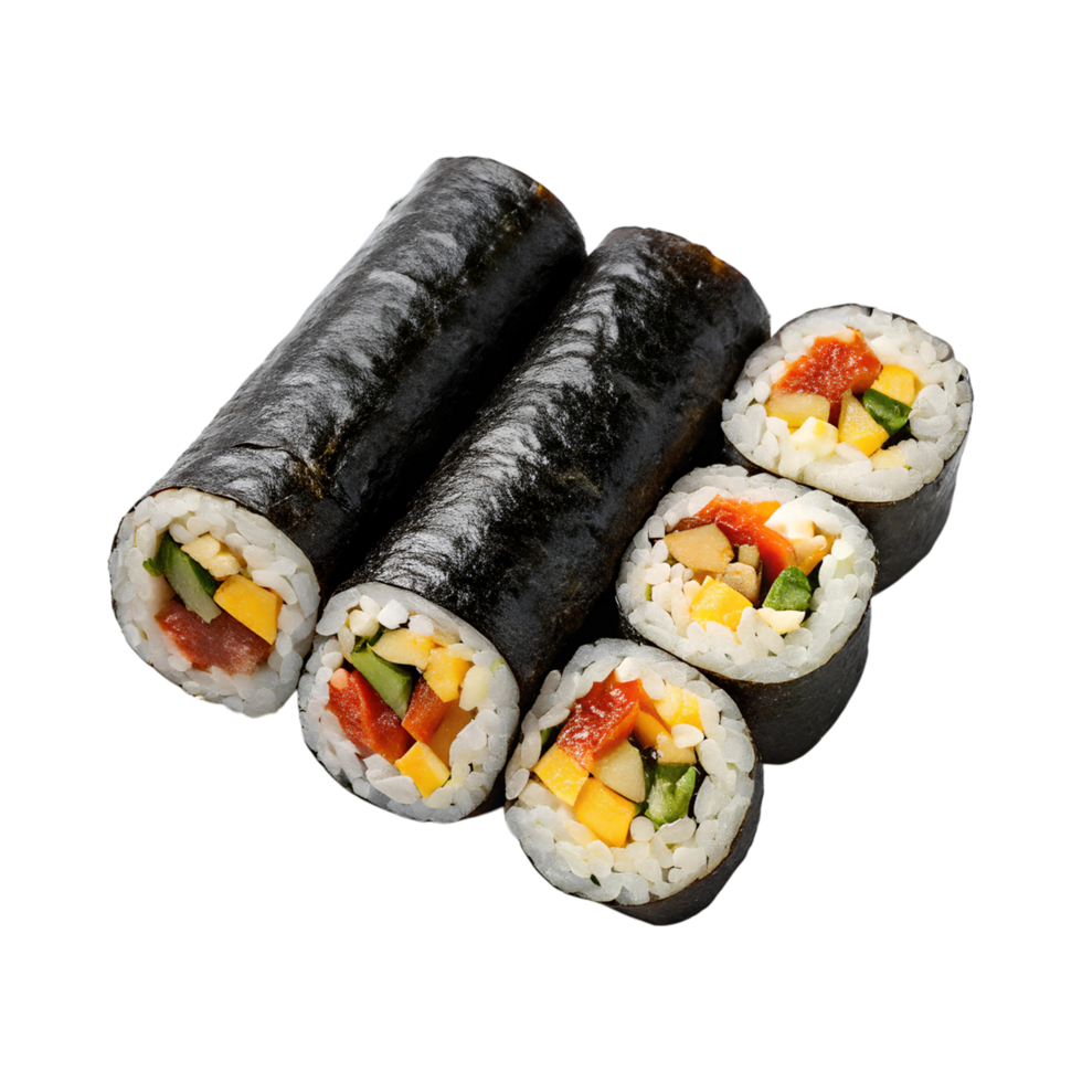 Delicious kimbap rolls with fresh vegetables and rice, perfect for healthy snack png