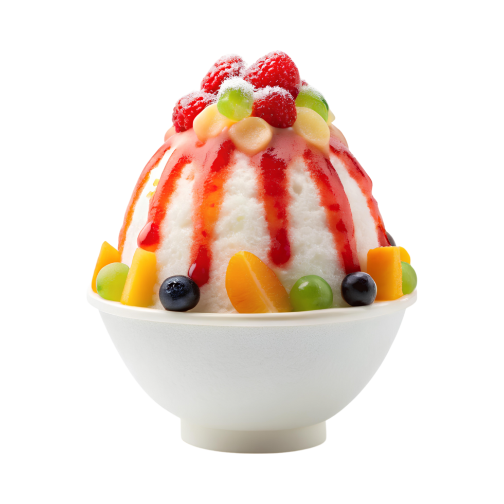 Delicious shaved ice dessert topped with fruits and syrup, perfect for summer treats png