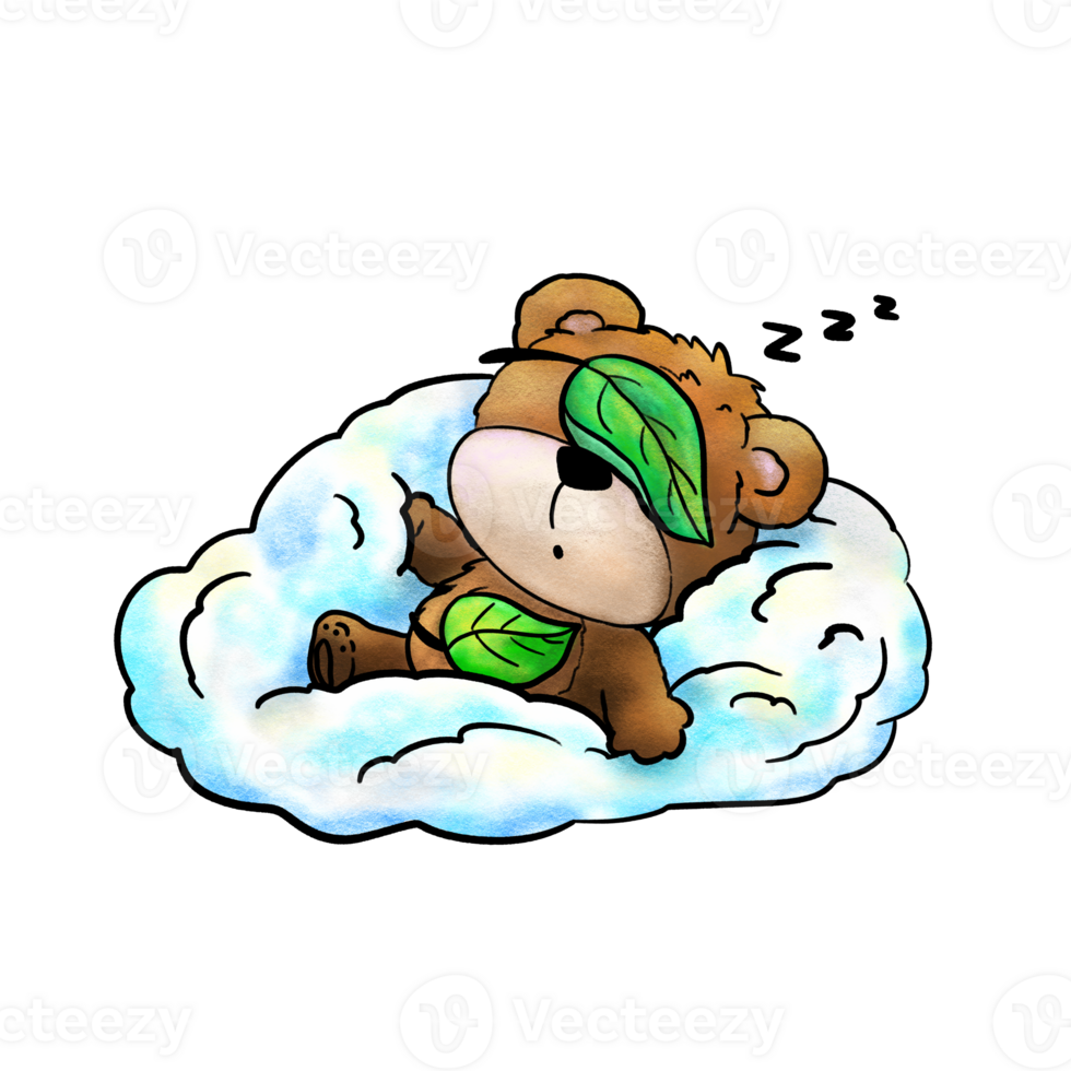Cute bear sleeps on a fluffy cloud covered with leaves crayon illustration png