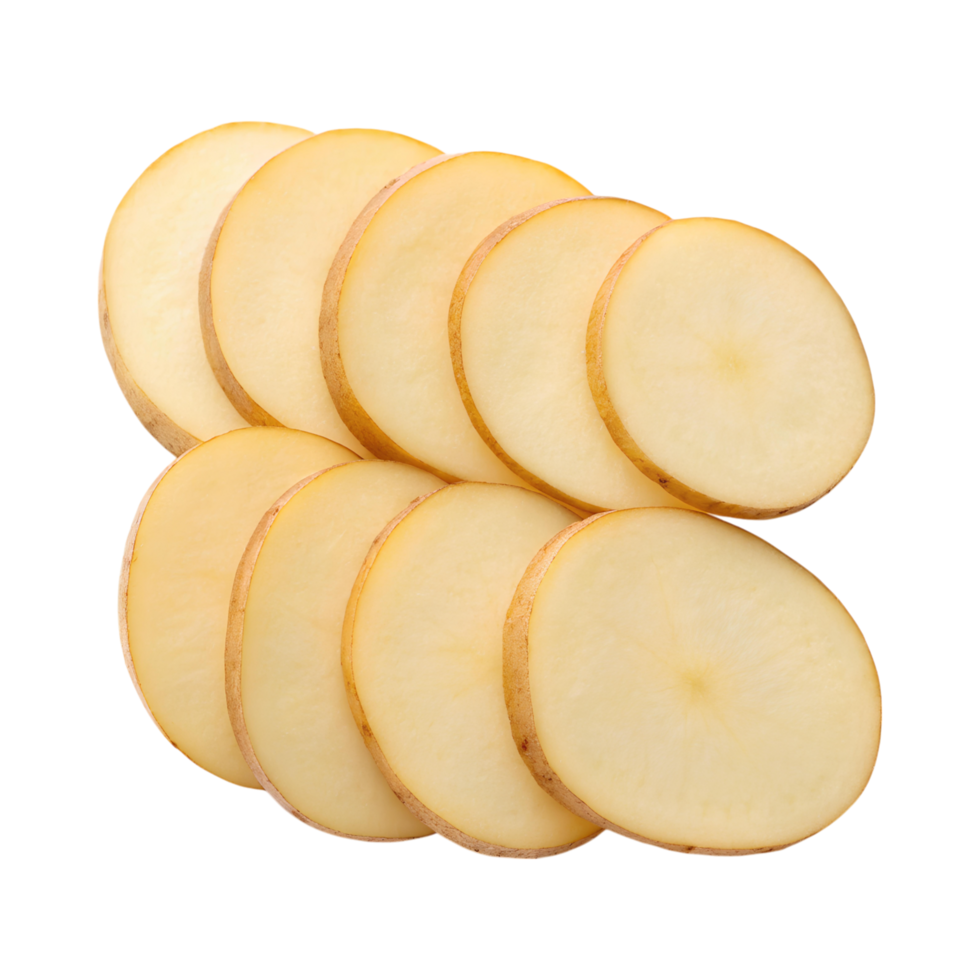 Thinly sliced potatoes arranged in stack, showcasing their smooth texture and color png