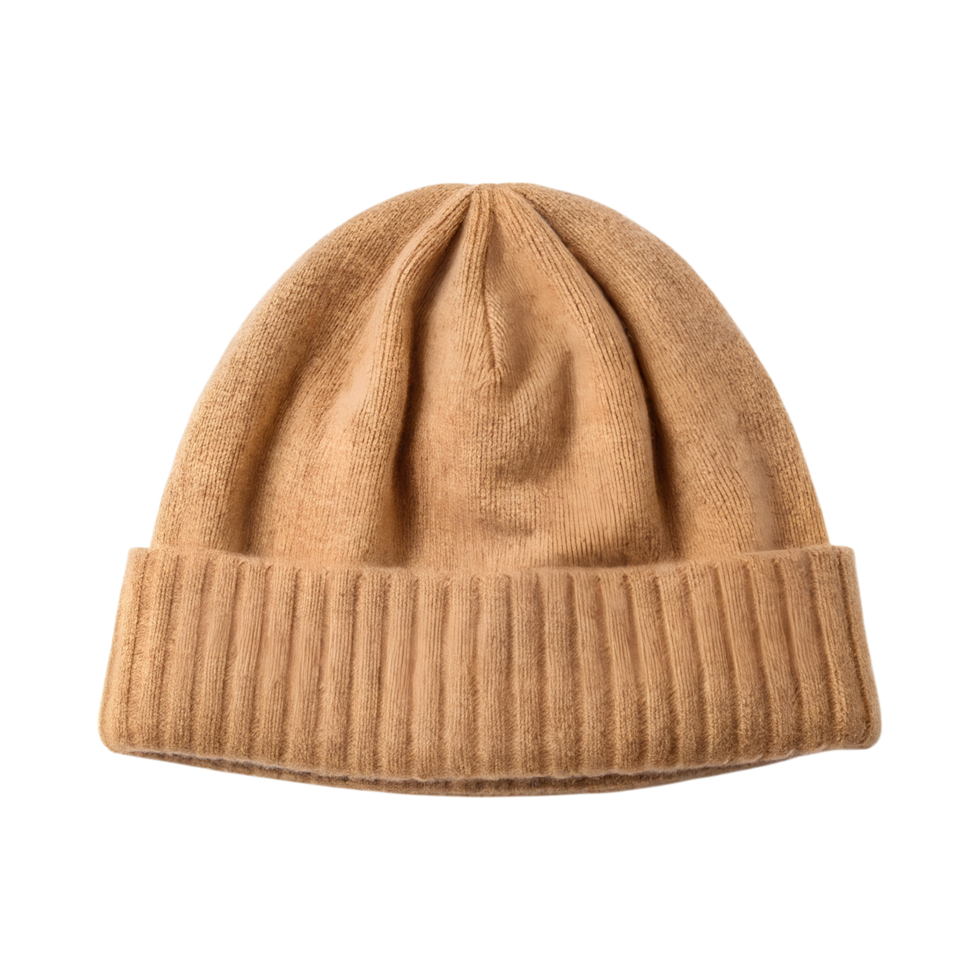 Warm wool hat in soft tan color, perfect for chilly days and stylish outfits png