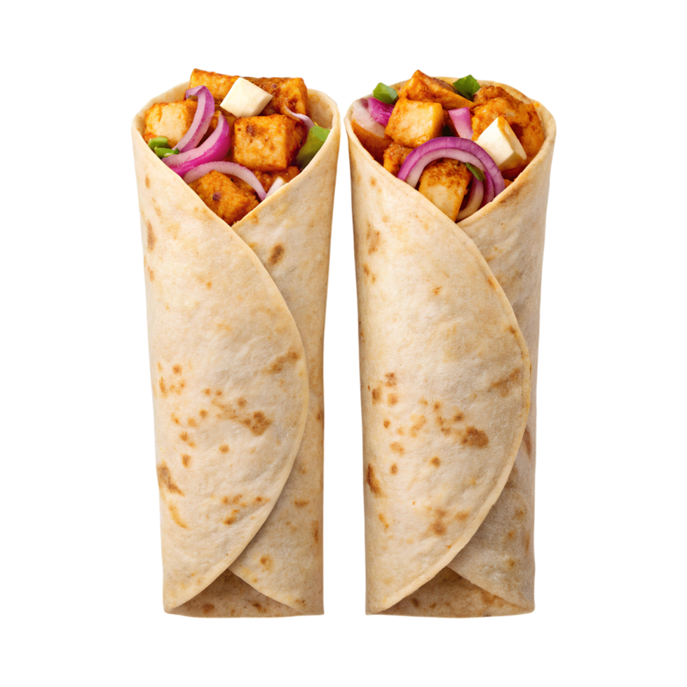 Delicious paneer kathi rolls with fresh vegetables wrapped in soft flatbread png