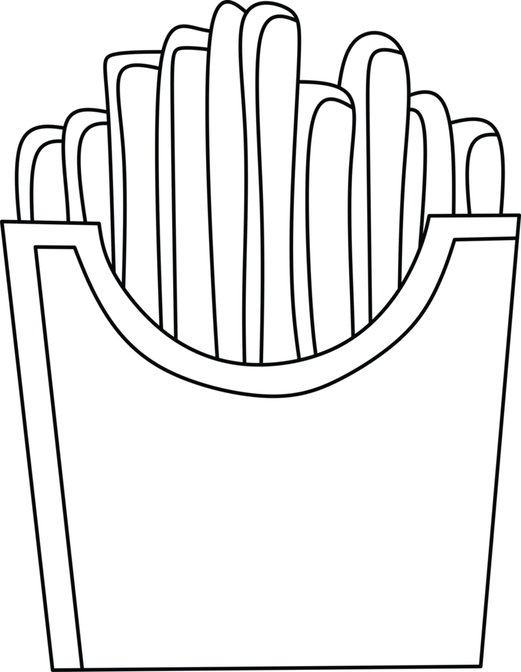 Line art illustration of french fries in a paper cone. Black outline on a light background. Minimalist design perfect for menus, food blogs, and packaging png